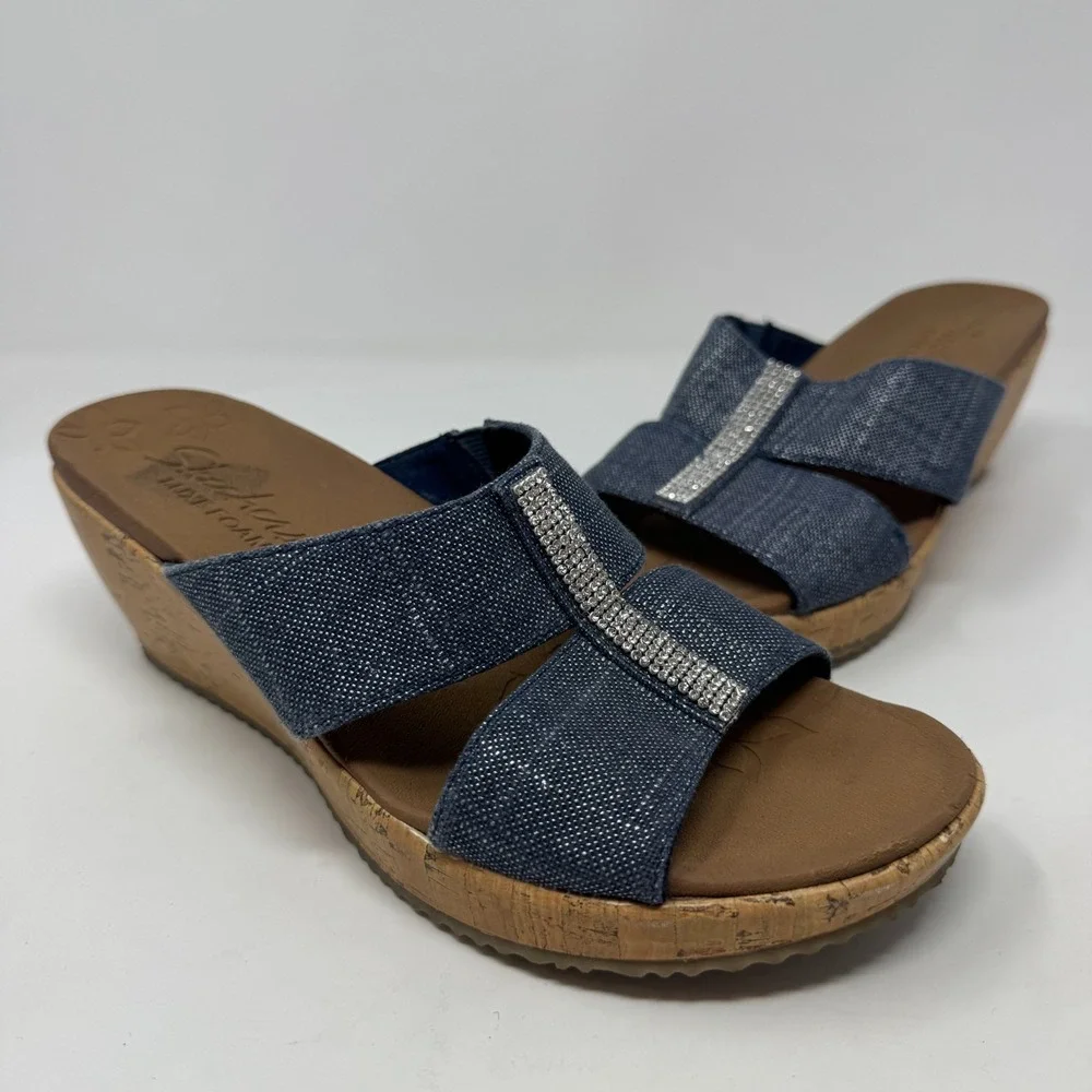 Sketchers Luxe Foam Blue Denim Upper Slide Wedge Sandals 31721 Women's Size 9